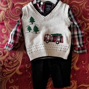 IZOD 3pc Set Holiday Sweater Knit Vest Plaid Shirt Pants Black Red Baby Boy 6-9M